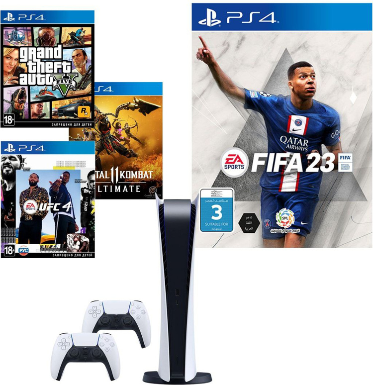 Игровая приставка Sony PlayStation 5 + геймпад + FIFA23 + GTA5 + UFC4 + Mortal Kombat (цифровые версии)